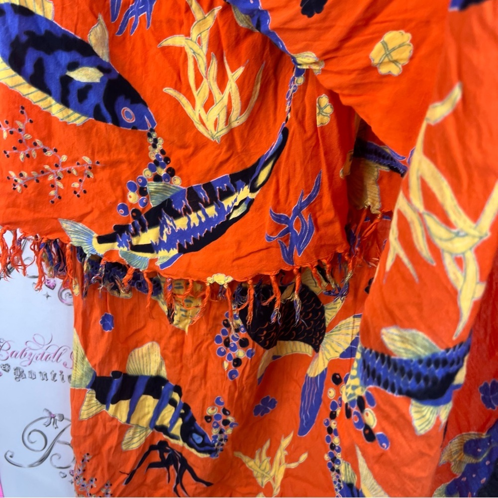 Scarf wrap fish Vibrant Orange Rayon Tapestry with Yellow & Blue Fish Print - Picture 5 of 8